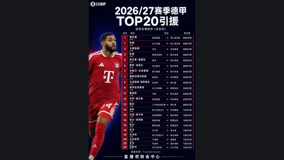 德甲夏窗TOP20:赛巴里、布朗5000万欧成标王 多特签两位希腊国脚